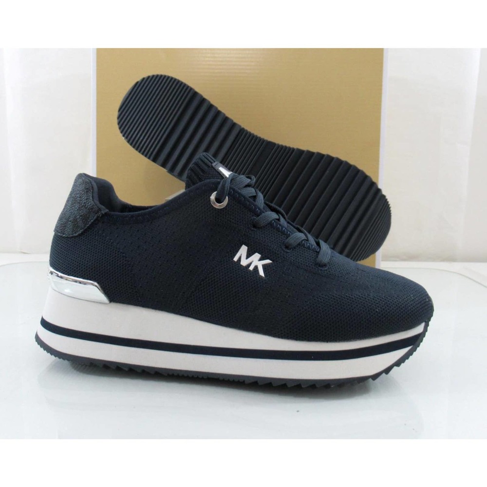 Michael Kors Monique Trainer Lace Up Sneakers MK Logo Stretch Knit Navy - Picture 7 of 7